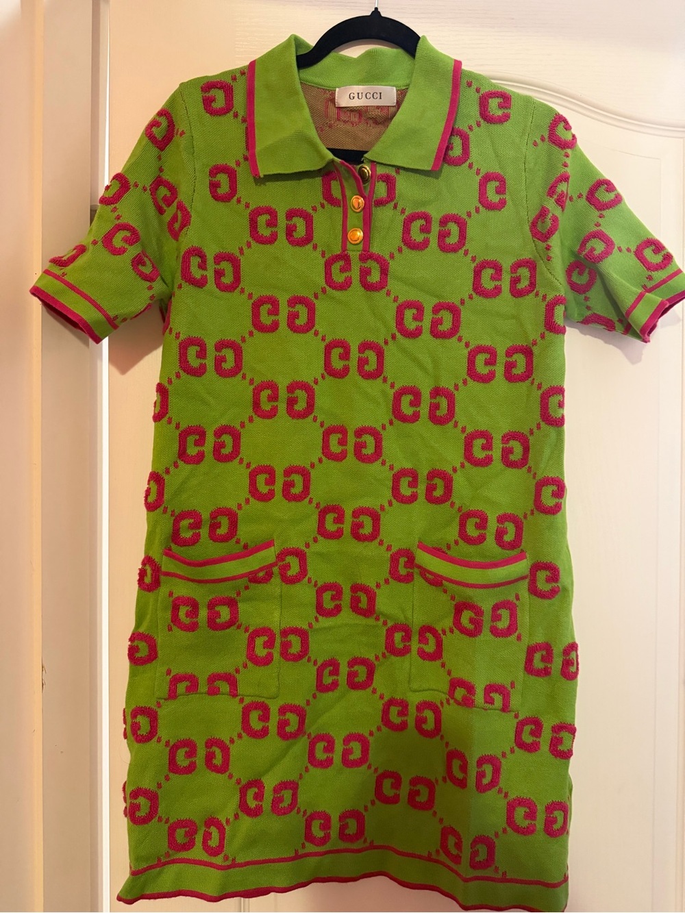 Gucciesque green & Pink Logo Knit Polo Dress